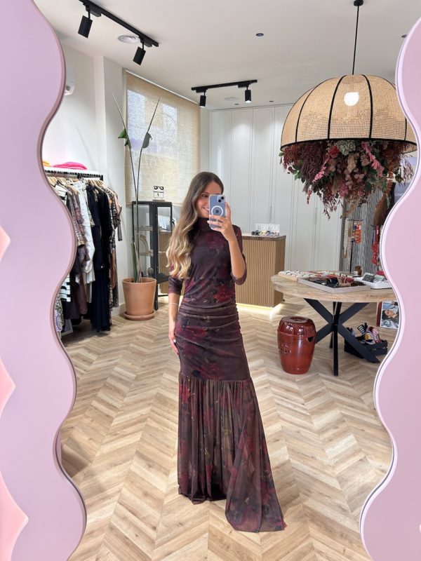Vestido Largo Tul Dapreado Estampado Floral Chocolate - Imagen 4