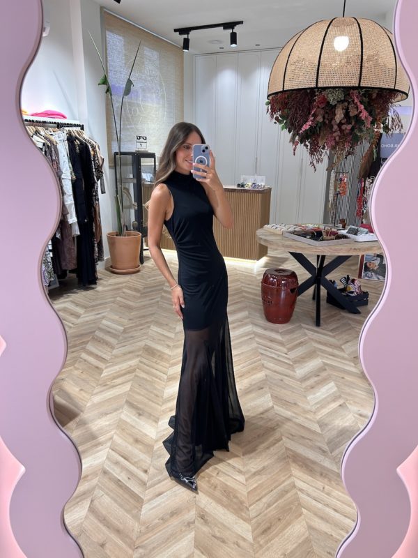 Vestido Largo Tul Cuello Halter Negro - Imagen 3