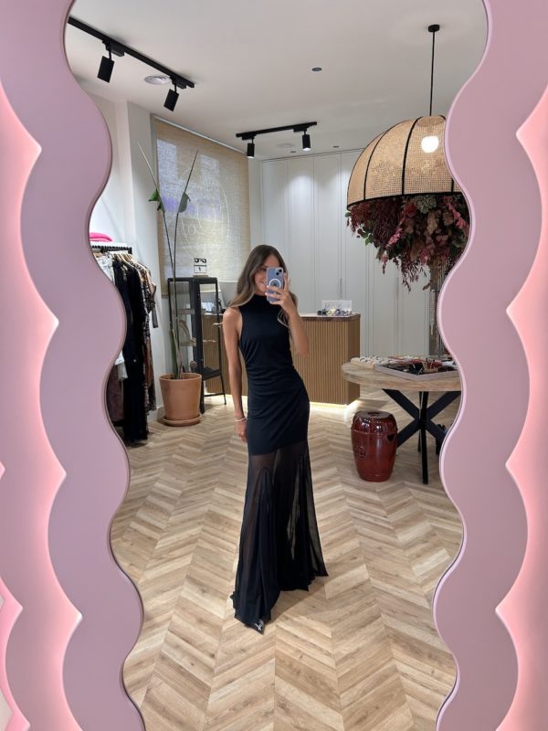 Vestido Largo Tul Cuello Halter Negro - Imagen 2
