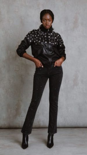 Cazadora Bomber Efecto Piel Aplicaciones Joya