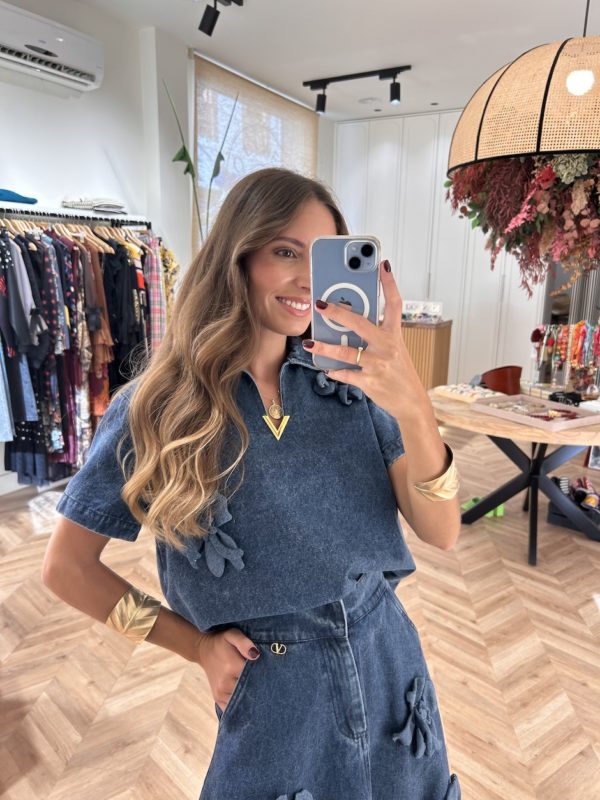 Conjunto Denim Top Y Falda Flores Sobrepuestas - Imagen 2
