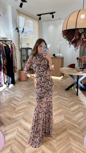 Vestido Largo Tul Print Floral Fondo Marfil