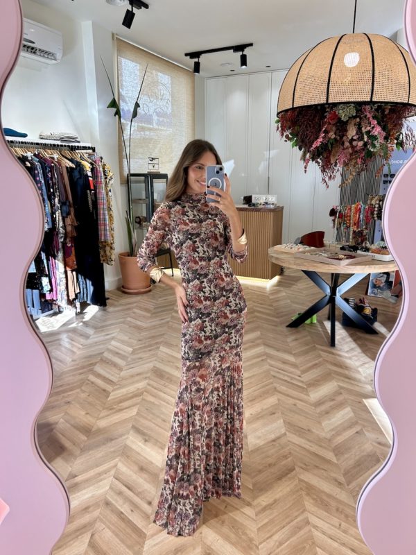 Vestido Largo Tul Print Floral Fondo Marfil