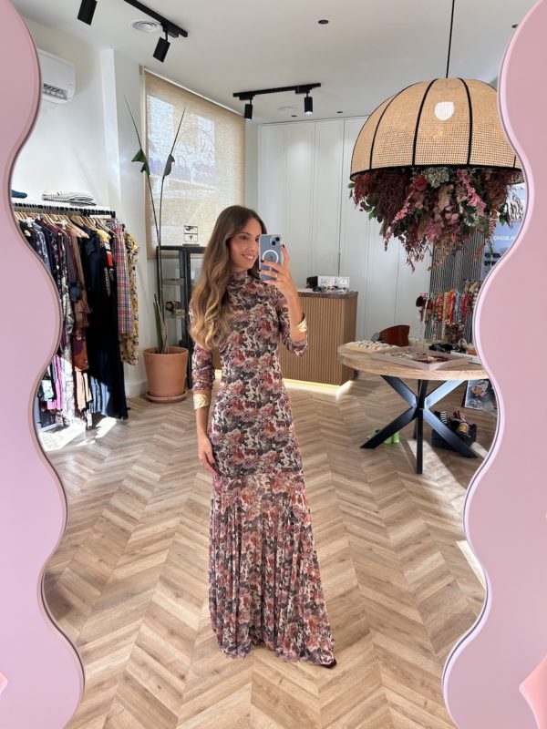Vestido Largo Tul Print Floral Fondo Marfil - Imagen 2
