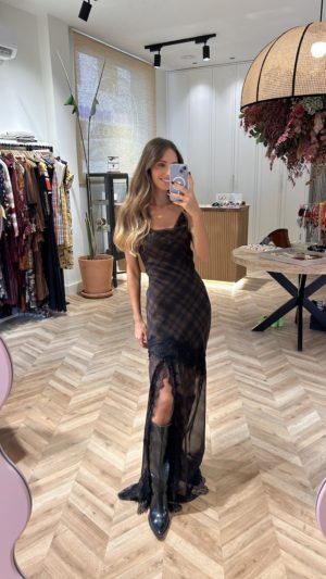 Vestido Lencero Blonda Encaje Cuadros Tartán Marrón