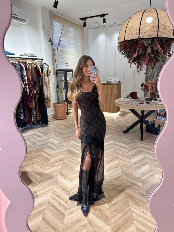 Vestido Lencero Blonda Encaje Cuadros Tartán Marrón