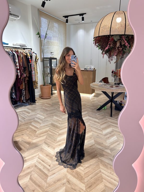 Vestido Lencero Blonda Encaje Cuadros Tartán Marrón - Imagen 3