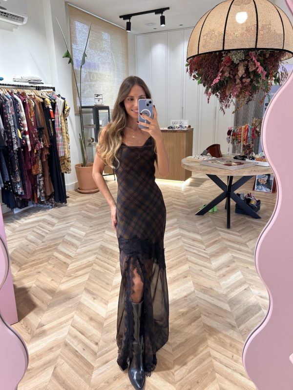 Vestido Lencero Blonda Encaje Cuadros Tartán Marrón - Imagen 2