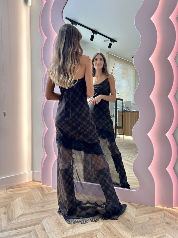 Vestido Lencero Blonda Encaje Cuadros Tartán Marrón - Imagen 4