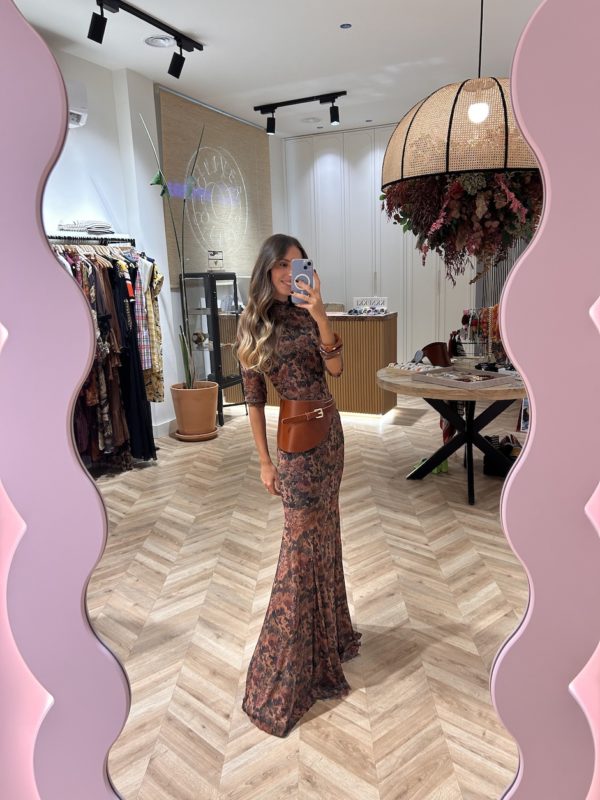 Vestido Largo Tul Print Floral Fondo Caldera - Imagen 4