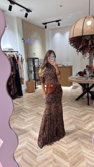 Vestido Largo Tul Print Floral Fondo Caldera
