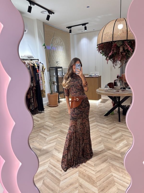 Vestido Largo Tul Print Floral Fondo Caldera