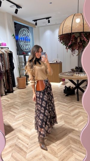 Falda Larga Tul Plisado Cuadros Chocolate