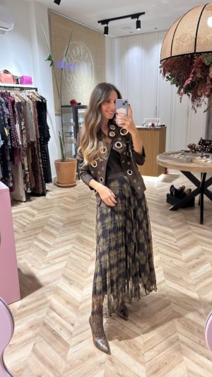 Falda Larga Tul Plisado Cuadros Kaki