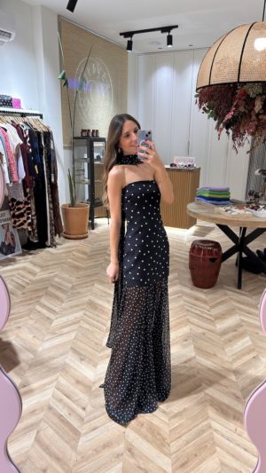 Vestido Palabra De Honor Topos Marfil