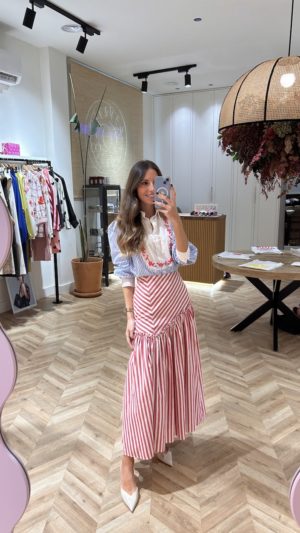 Falda Larga Volante Rayas Blanco Y Rojo