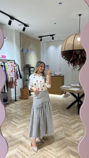 Falda Larga Volante Rayas Blanco Y Marino