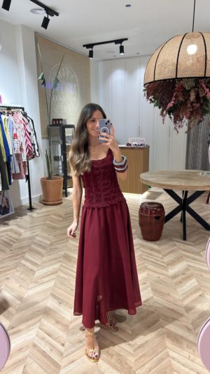 Vestido Largo Cuerpo Plisado Burgundy