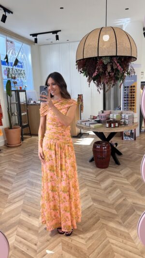 Vestido Tul Drapeado Print Floral Fondo Rosa