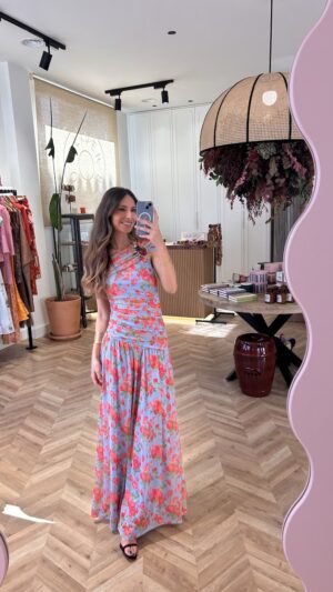 Vestido Tul Drapeado Print Floral Fondo Celeste